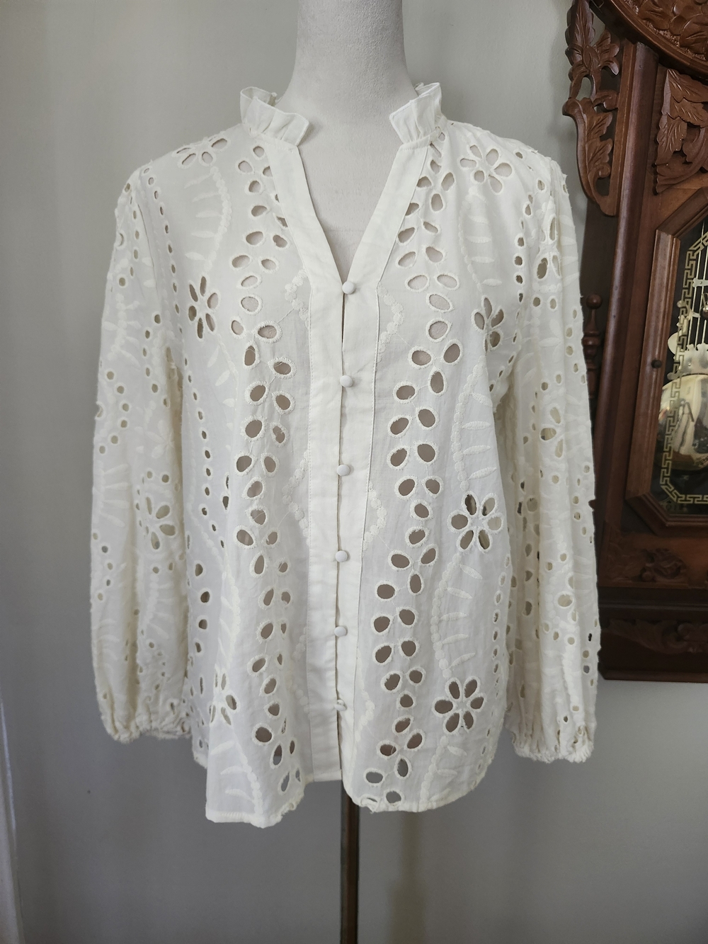 Forgotten Grace Cream Boho Eyelet Button-Front  Blouse Gypsy , S, NWOT